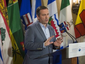 Alberta Premier Jason Kenney addresses the media during a meeting of Canada's Premiers in Saskatoon, Wednesday, July 10, 2019.