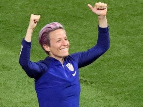Megan Rapinoe of the U.S. celebrates after her side defeated England in the semifinal matchup at the Women's World Cup, in Lyon, France, on Tuesday, July 2, 2019.