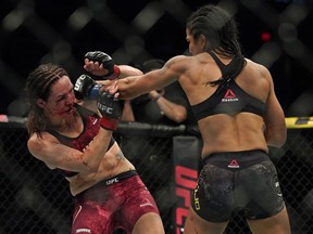 Alexis Davis (left) lost this women's flyweight preliminary bout to Viviane Araujo (right) at UFC 240 at Rogers Place in Edmonton, on Saturday July 27, 2019.
