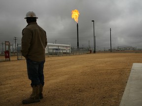 Flared natural gas is burned off at Apache Corporations operations at the Deadwood natural gas plant in the Permian Basin in Garden City, Texas.
