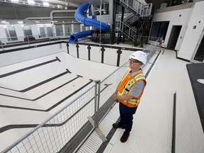 Jack Ashton, General Supervisor with the City of Edmonton, gives the media a tour of the under construction pool at the Jasper Place Fitness and Leisure Centre, 9200 163 St., in Edmonton Wednesday Aug. 21, 2019. Photo by David Bloom