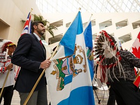 Dignitaries including city councillors, Mayor Don Iveson and Treaty 6 chiefs are seen during a grand entry at the 7th annual Treaty No. 6 Recognition Day in commemoration of the signing of Treaty No. 6 and acknowledge the ongoing Treaty relationship between the City and First Nations partners in Edmonton, on Friday, Aug. 23, 2019. Photo by Ian Kucerak/Postmedia
