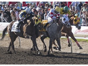 Jockey Rico Walcott  on Chief Know It All came up the middle to win at the 88th running of the Canadian Derby at Northlands park in Edmonton on Saturday Aug. 19, 2017.