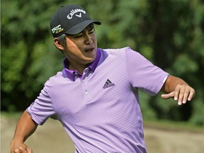Shintaro Ban uses a little body language while playing the first round of the 1932byBateman Open golf tournament during the PGA MacKenzie Tour at the Edmonton Country Club on Thursday, Aug. 1, 2019.