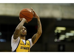 Edmonton Stingers' Xavier Moon (2) shoots as the team plays the Fraser Valley Bandits during the second half of a CEBL game at the Expo Centre in Edmonton, on Aug. 1, 2019. Moon led the way at the CEBL Summer Series with 24 points against the Ottawa BlackJacks on Monday, July 27, 2020, at the Meridian Centre in St. Catharines, Ont.