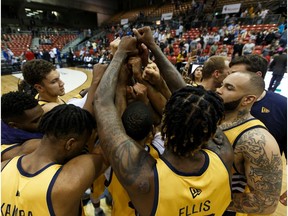 The Edmonton Stingers celebrate their 108-104 victory over the Fraser Valley Bandits during a CEBL game at Northlands Expo Centre in Edmonton, on Thursday, Aug. 1, 2019.