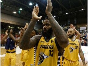 Edmonton Stingers' Akeem Ellis (12) celebrates the team's 108-104 victory over the Fraser Valley Bandits during a CEBL game at Northlands Expo Centre in Edmonton, on Thursday, Aug. 1, 2019.