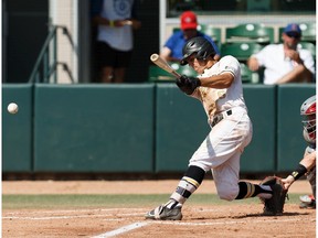 Edmonton Prospects' Pierce Blohowiak (6) connects with the ball during a Western Canadian Baseball League game versus the Brooks Bombers at Re/Max Field in Edmonton on Monday, Aug. 5, 2019.