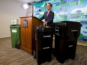 Michael Labrecque, Branch Manager with the City of Edmonton and the new garbage bins set to rollout next fall as part of the city's new 25-year waste management strategy.
