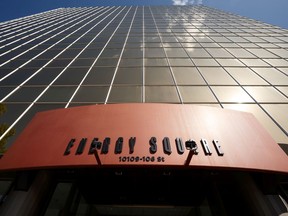 The Energy Square building is seen at 10109 106 Street in Edmonton after a man walked away from a 9 floor drop in an elevator in the building in Edmonton, on Tuesday, Aug. 20, 2019.