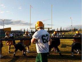 The University of Alberta Golden Bears offensive linesmen practice ahead of the team's Friday game against the Calgary Dinos at Foote Field in Edmonton on Monday, Aug. 26, 2019.