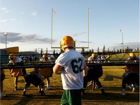 The University of Alberta Golden Bears offensive linesmen practice ahead of team's Friday game against the Calgary Dinos at Foote Field in Edmonton, on Monday, Aug. 26, 2019.