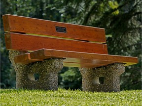 The memorial bench for Trevor Andrew Henderson at Queen Elizabeth Park in Edmonton.