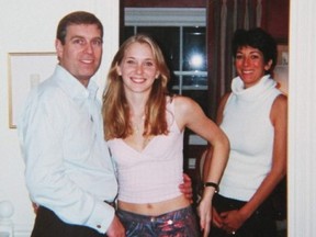 From left, Prince Andrew, one of Epstein's underage sex slaves Virginia Roberts and his alleged procurer, socialite Ghislaine Maxwell.