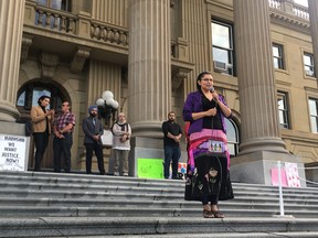 Women's advocate Katherine Swampy speaks at the eight annual Hate to Hope Rally at the Alberta Legislature on Saturday, August 24, 2019.