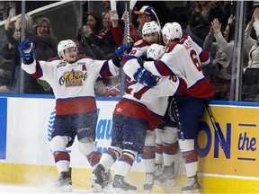 The Edmonton Oil Kings celebrate Vince Loschiavo's (18) second period goal against the Prince Albert Raiders during Game 3 WHL Eastern Conference Championship action at Rogers Place, in Edmonton Tuesday April 23, 2019.