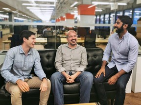 The founding team of Properly, a Toronto-based real estate technology startup looking to launch in Edmonton this fall, includes Sheldon McCormick, left, Craig Dunk and Anshul Ruparell.