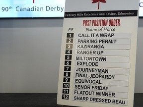 Post position order draw board for the 90th running of the Canadian Derby at Century Mile Racetrack.
