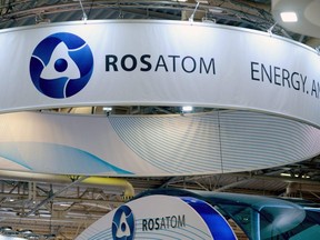 A picture taken on June 28, 2016 shows the logo of Russian atomic energy agency Rosatom during the World Nuclear Exhibition in Le Bourget, near Paris, France.
