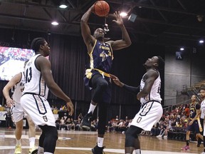 Edmonton Stingers forward Travis Daniels goes up for a dunk against the Saskatchewan Rattlers at the Edmonton Expo Centre on Aug. 8, 2019. The Rattlers won 85-81.