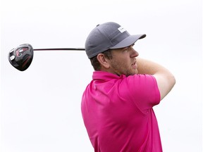 Scott Borsa tees off on the 11th hole during the final round of the Players' Tour RedTail Landing event, in Edmonton on Wednesday Aug. 5, 2015.