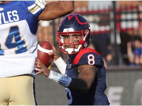 Montreal Alouettes quarterback Vernon Adams Jr. looks for receiver during first half CFL action in Montreal on Saturday September 21, 2019.