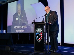 Former Edmonton Eskimos offensive lineman Hector Pothier speaks during his induction to Mike Ditkaís Gridiron Greats Hall of Fame in Chicago, Illinois, Friday, September 6, 2019. Supplied