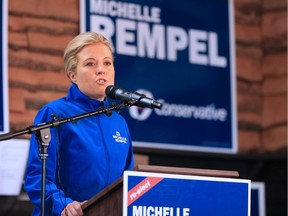 Michelle Rempel, incumbent Conservative MP for Calgary Nose Hill, speaks with media at her campaign headquarters on Wednesday, Sept. 11, 2019.