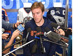 Edmonton Oilers Connor McDavid speaks with the media during physicals at the start of training camp at Rogers Place in Edmonton, September 12, 2019.