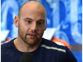 Edmonton Oilers Zack Kassian speaks to the media during physicals at the start of training camp at Rogers Place in Edmonton, September 12, 2019.