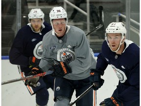 Defenceman Joel Persson (#36) skates at Edmonton Oilers training camp in Edmonton on Friday September 13, 2019.