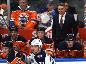Edmonton Oilers head coach Dave Tippett on the bench against the Winnipeg Jets during pre-season NHL action at Rogers Place in Edmonton, September 16, 2019. Ed Kaiser/Postmedia