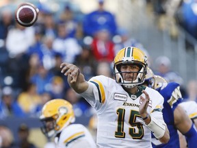 Edmonton Eskimos quarterback Logan Kilgore (15) throws against the Winnipeg Blue Bombers during the first half of CFL action in Winnipeg Friday, May 31, 2019.