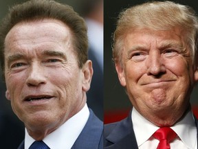 This file combination of pictures created on January 6, 2017 shows recent pictures of US actor and former governor of California Arnold Schwarzenegger (L) and US President Donald Trump.