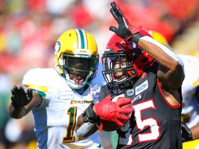 Calgary Stampeders running back Ka'Deem Carey rushes against the Edmonton Eskimos in Calgary on Sept. 2, 2019.