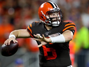Quarterback Baker Mayfield of the Cleveland Browns throws the ball against the Los Angeles Rams at FirstEnergy Stadium on September 22, 2019 in Cleveland. (Gregory Shamus/Getty Images)