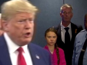 Swedish environmental activist Greta Thunberg watches as U.S. President Donald Trump enters the United Nations to speak with reporters in a still image from video taken in New York City, U.S. September 23, 2019. REUTERS/Andrew Hofstetter ORG XMIT: TOR500