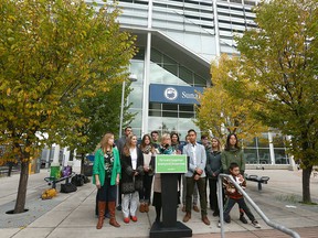 Green Party Leader Elizabeth May makes a campaign stop outside Sunalta LRT station near downtown Calgary on Friday, September 20, 2019. The party unveiled a plan to revamp transportation.