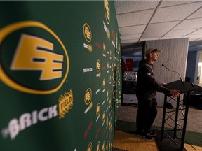 Head coach Jason Maas at a news conference at an Edmonton Eskimos practice at Commonwealth Stadium ahead of their Sept. 7 game against the Calgary Stampeders in Edmonton, on Friday, Sept. 6, 2019.