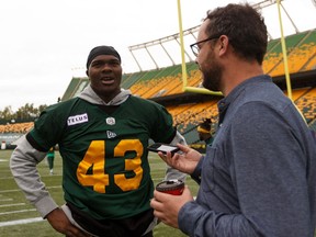Vontae Diggs is interviewed at an Edmonton Eskimos practice at Commonwealth Stadium ahead of their Saturday game against the Calgary Stampeders in Edmonton on Friday, Sept. 6, 2019.