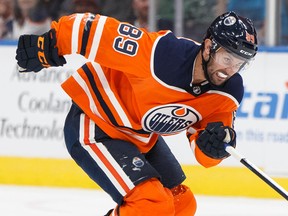 Edmonton Oilers forward Sam Gagner races for a loose puck during NHL pre-season action on Sept. 24, 2019, against the Arizona Coyotes at Rogers Place.