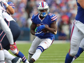 Frank Gore of the Buffalo Bills runs the ball during the second half against the New England Patriots at New Era Field on Sept. 29, 2019 in Orchard Park, N.Y.