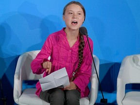 Youth climate activist Greta Thunberg speaks during the UN Climate Action Summit on Sept. 23, 2019 at the United Nations Headquarters in New York City.