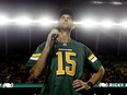 Ricky Ray speaks to the crowd during his Wall of Honour Induction Ceremony during the Edmonton Eskimos and Hamilton Tiger-Cats CFL game at Commonwealth Stadium, in Edmonton Friday Sept. 20, 2019. Photo by David Bloom