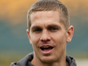 Quarterback Trevor Harris (7) speaks to reporters during an Edmonton Eskimos practice at Commonwealth Stadium on Sept. 6, 2019.