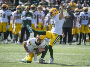 Kicker Sean Whyte (6)of the Edmonton Eskimos, playing  the Saskatchewan Roughriders at Commonwealth Stadium on May 27, 2018 in Edmonton.