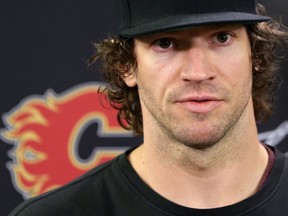 Calgary Flames goaltender Mike Smith speaks with media as the team cleaned out their lockers on Monday April 22, 2019, following the Flames' early exit from the Stanley Cup playoffs.