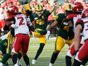 Edmonton Eskimos' Sean Whyte (6) kicks the ball for a field goal on the Calgary Stampeders during the first half of CFL football action at Commonwealth Stadium in Edmonton, on Saturday, Sept. 7, 2019.