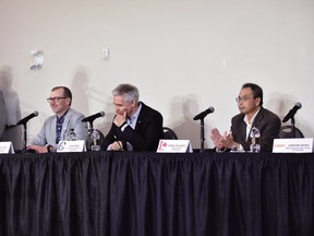 Edmonton-Wetaskiwin riding candidates (l-r) Neil Doell, People's Party of Canada, Mike Lake, Conservative Party of Canada and Richard Wong, Liberal Party of Canada.