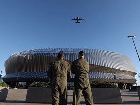 UNIONDALE, NEW YORK - OCTOBER 04: A flyover by the 106th Rescue Wing of the United States Air Force, Air National Guard takes place prior to the New York Islander's home opener against the Washington Capitals at NYCB Live's Nassau Coliseum on October 04, 2019 in Uniondale, New York.